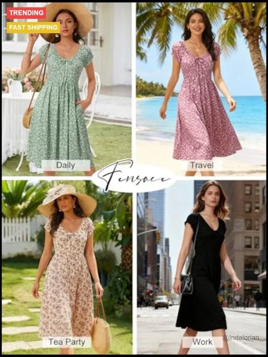 Summer Floral V Neck Puff Cap Sleeve Sundress Midi Dress with Pockets - Picture 5 of 7